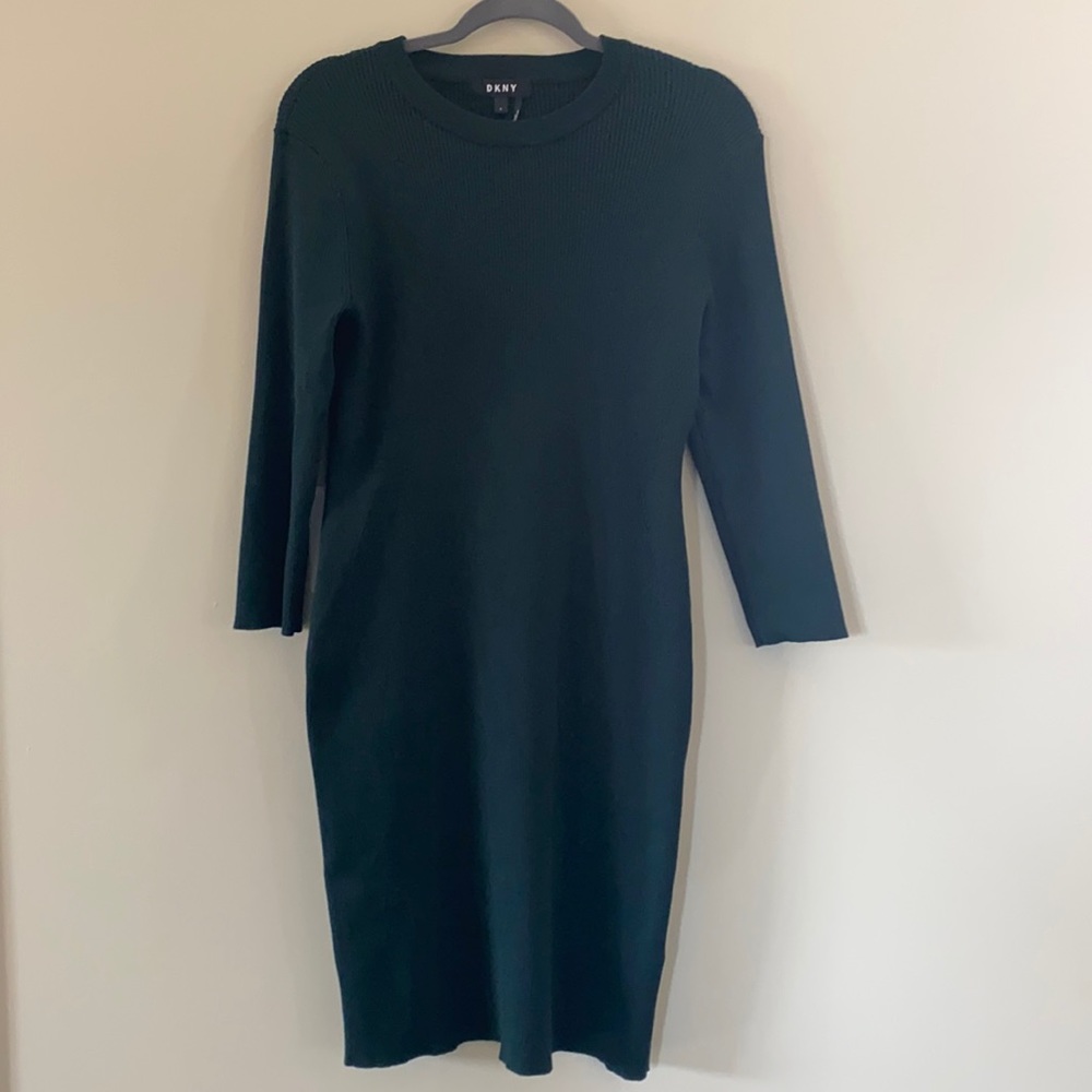 DKNY, dark green, long sleeve casual stretchy dress.
